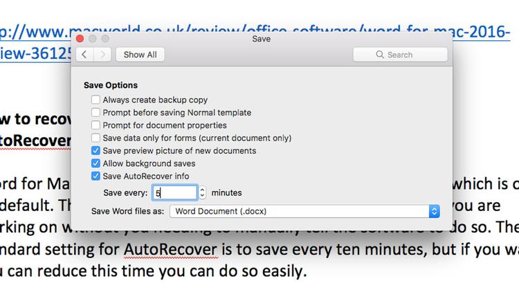 How to recover lost documents in Word for Mac: Changing the autosave frequency