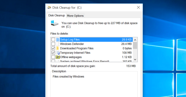 Disk cleanup tool configured to clear temp files. 