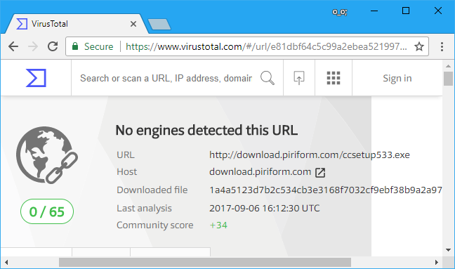 VirusTotal results with no malware detected. 