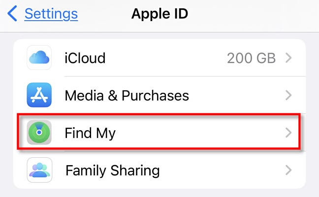 In iPhone Settings, tap "Find My."