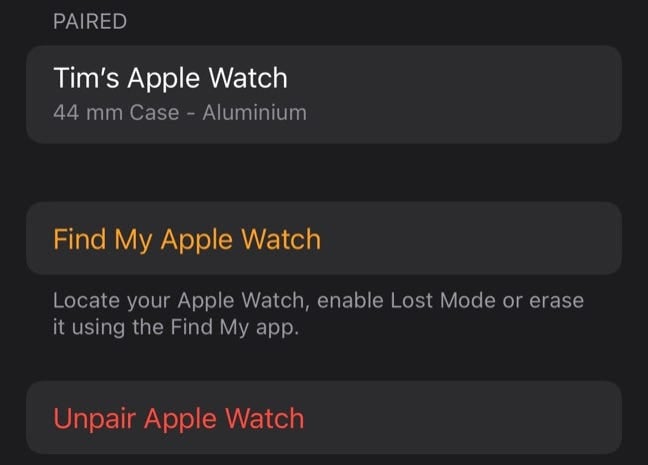 Unpair Apple Watch using iPhone Watch app