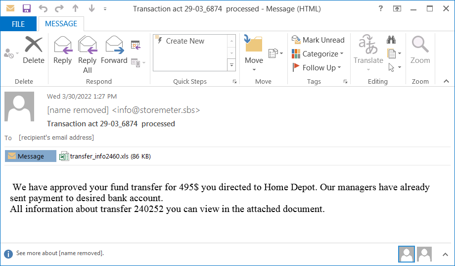Email carrying the malicious Excel attachment