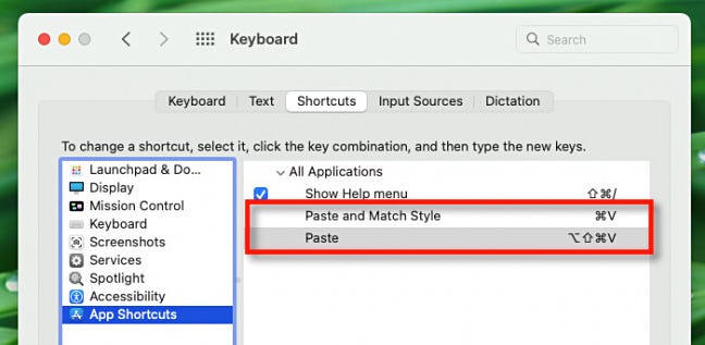 The new "Paste" shortcuts seen in System Preferences on Mac.