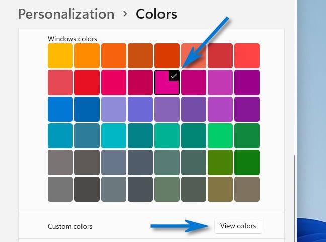 Choose an accent color or pick a custom one by clicking "View Colors."