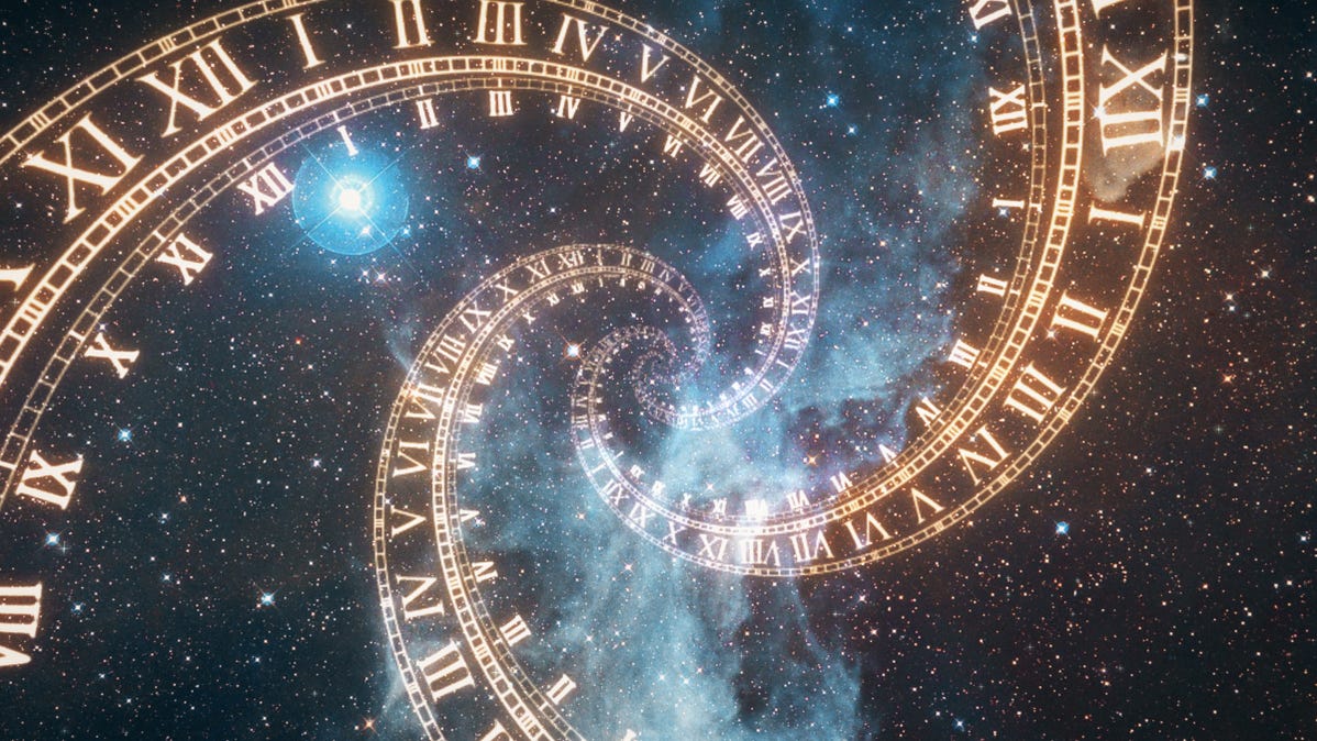 Roman numerals representing time form a rotating swirl in cosmic space.