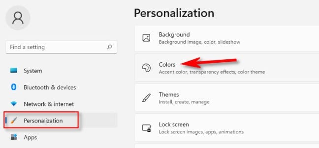 In Windows 11 Settings, select "Personalization" in the sidebar, then click "Colors."