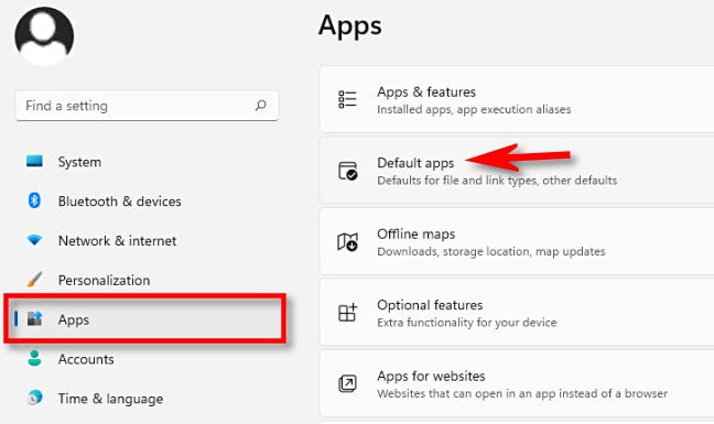 In Windows 11 Settings, click "Apps," then select "Default Apps."