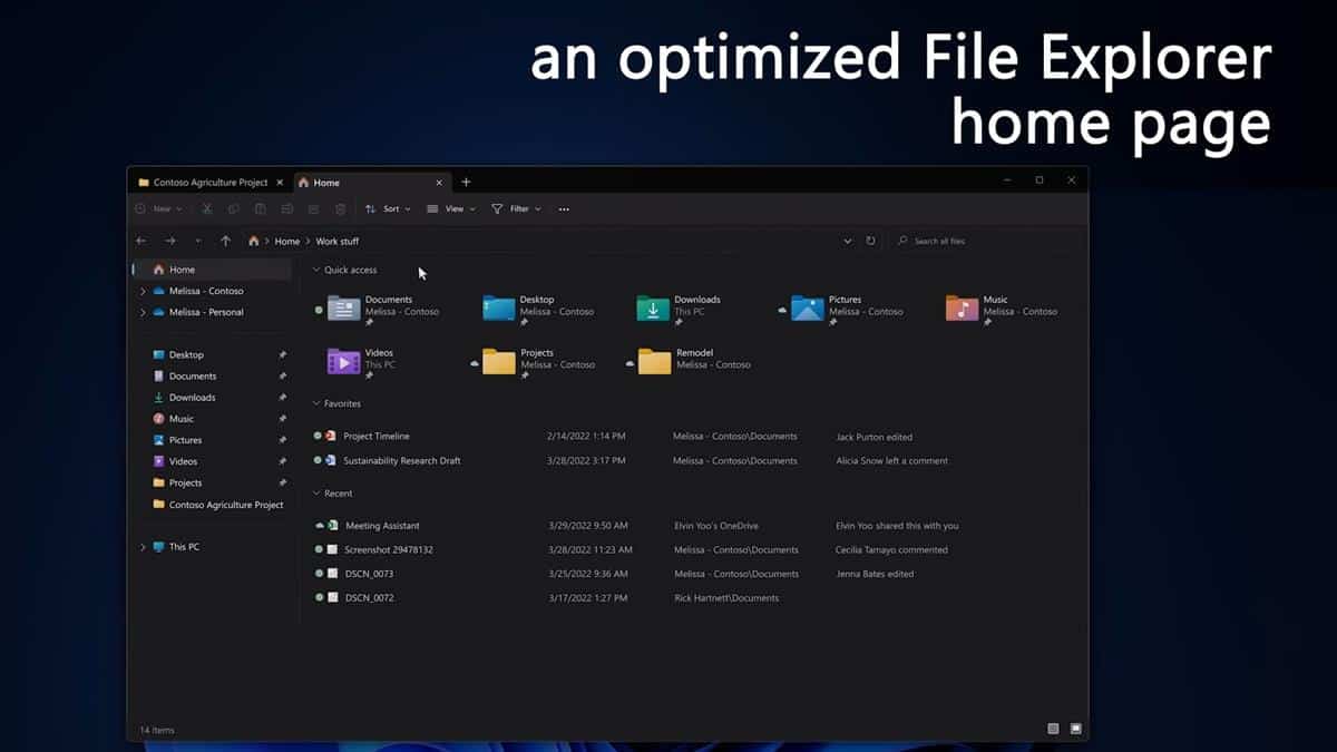 windows 11 file explorer optimized home page with tabs