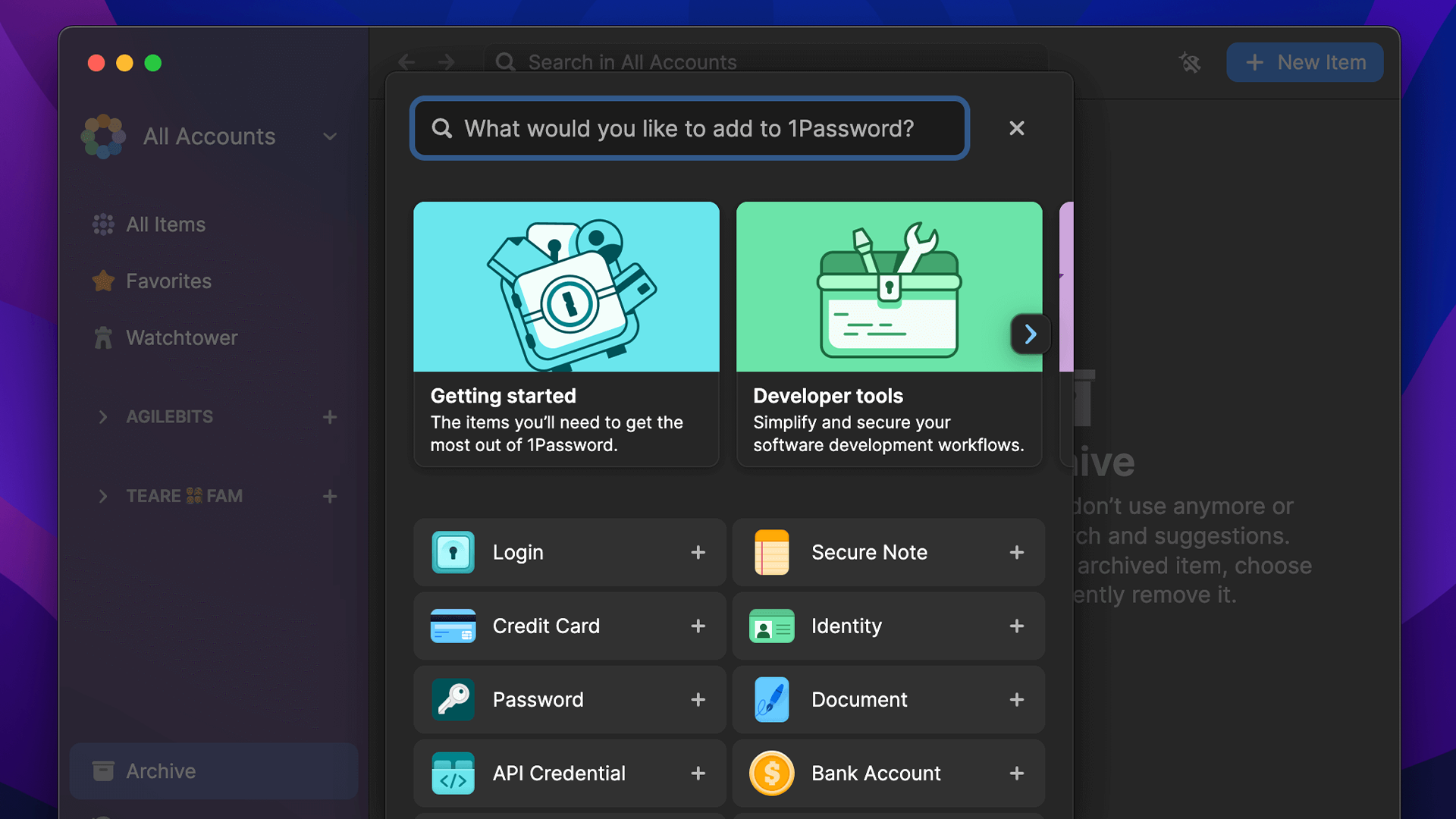 1Password 8's new Item Catalog, which moves you through setting up new passwords, credit cards, etc.