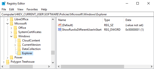 Viewing the Explorer subkey in the registry editor