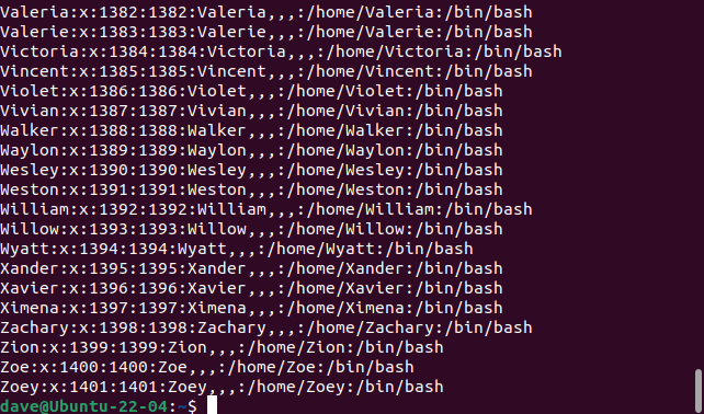 The contents of the /etc/passwd file sent to the terminal window by getent