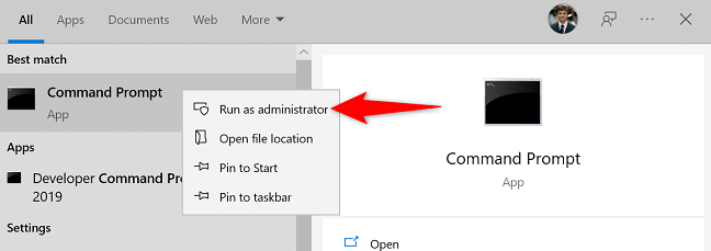 Right-click Command Prompt and choose "Run as administrator."