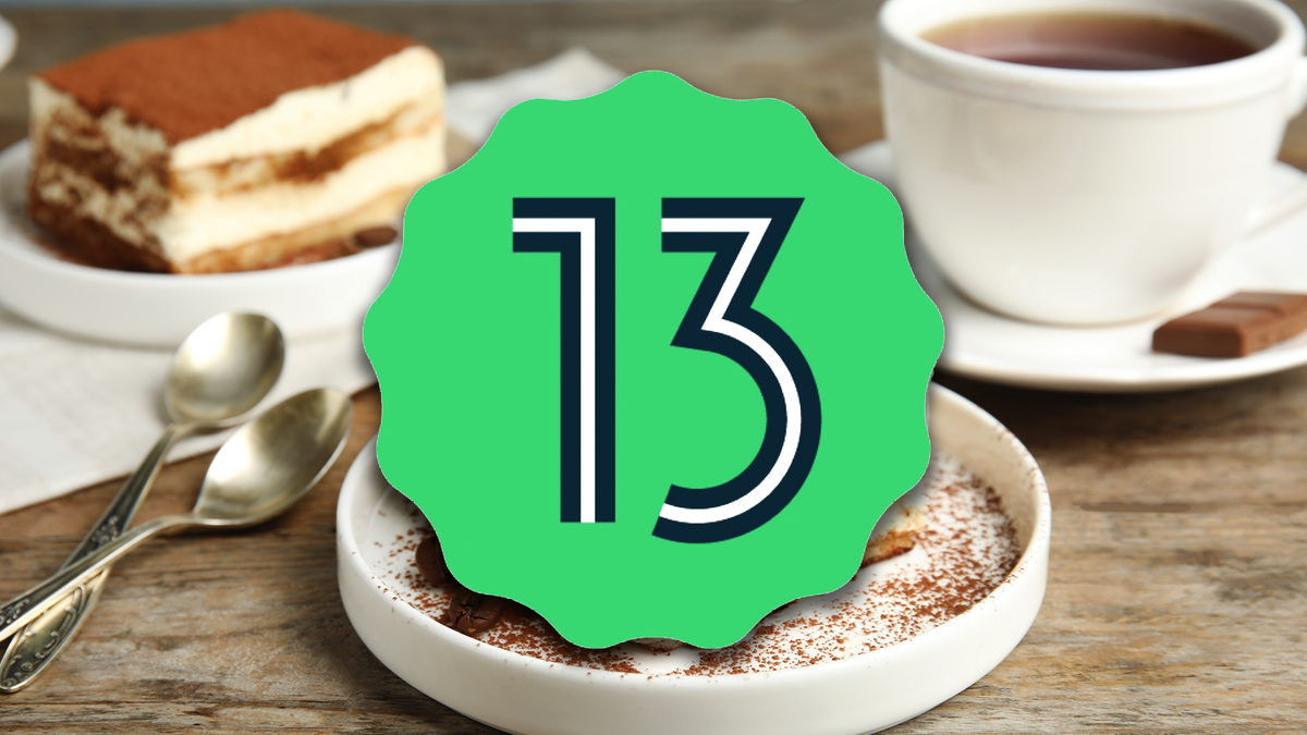 The Android 13 logo over a table of coffee and tiramisu.