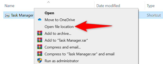 Right-click "Task Manager" and choose "Open File Location."