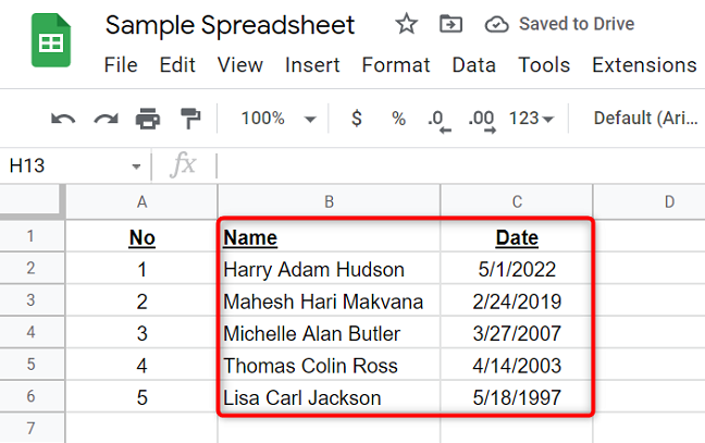Dataset sorted by date in Google Sheets.
