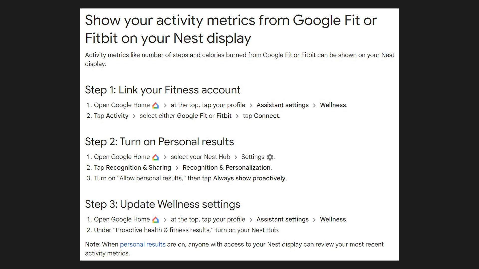 Details on how to show your activity metrics from Google Fit or Fitbit on your Nest display
