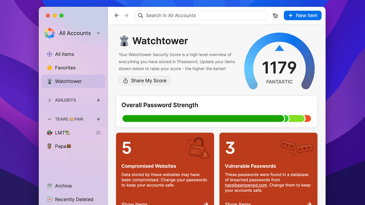 The updated 1Password Watch Tower.