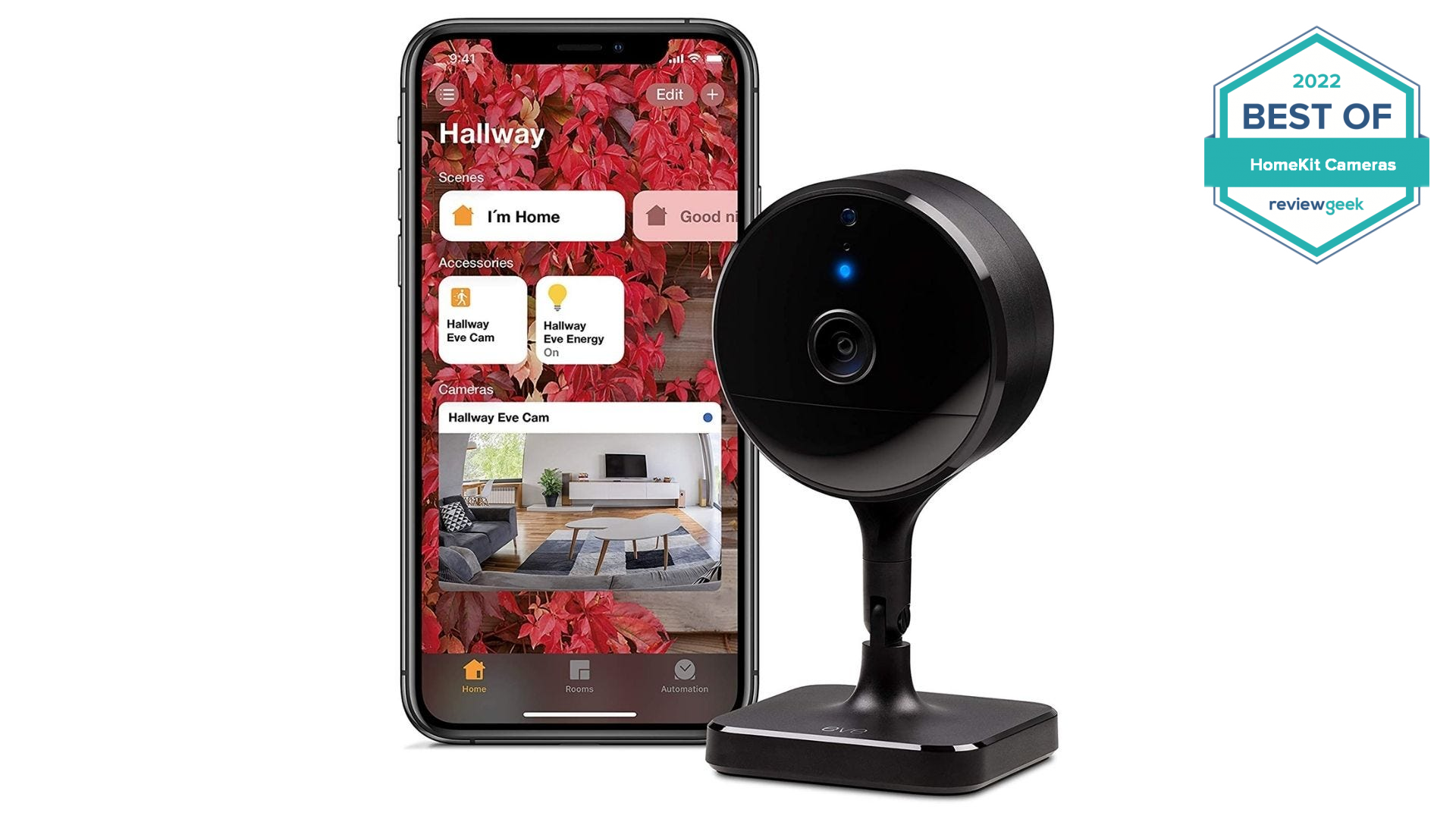 Eve Cam Smart Home Indoor Camera that works with Apple HomeKit, next to a smartphone