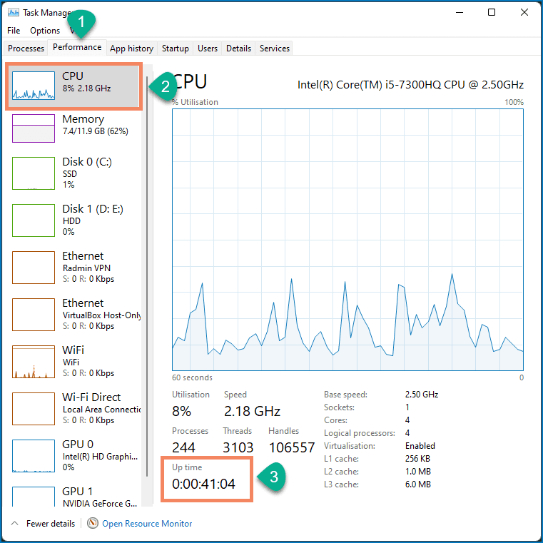 Check Windows PC uptime in Task Manager