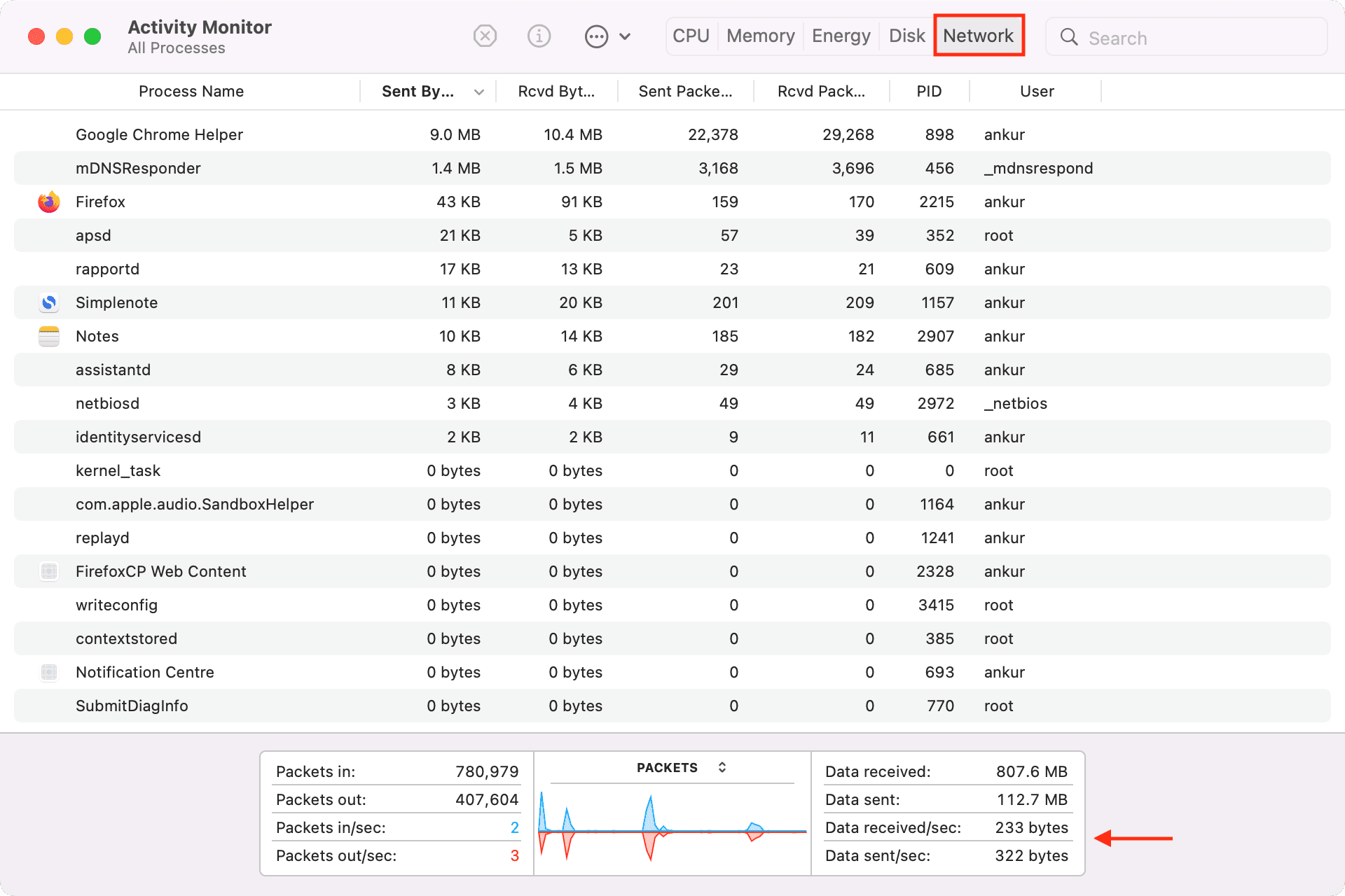 Network data received in Activity Monitor on Mac