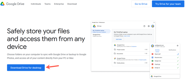 Google Drive for Desktop download page