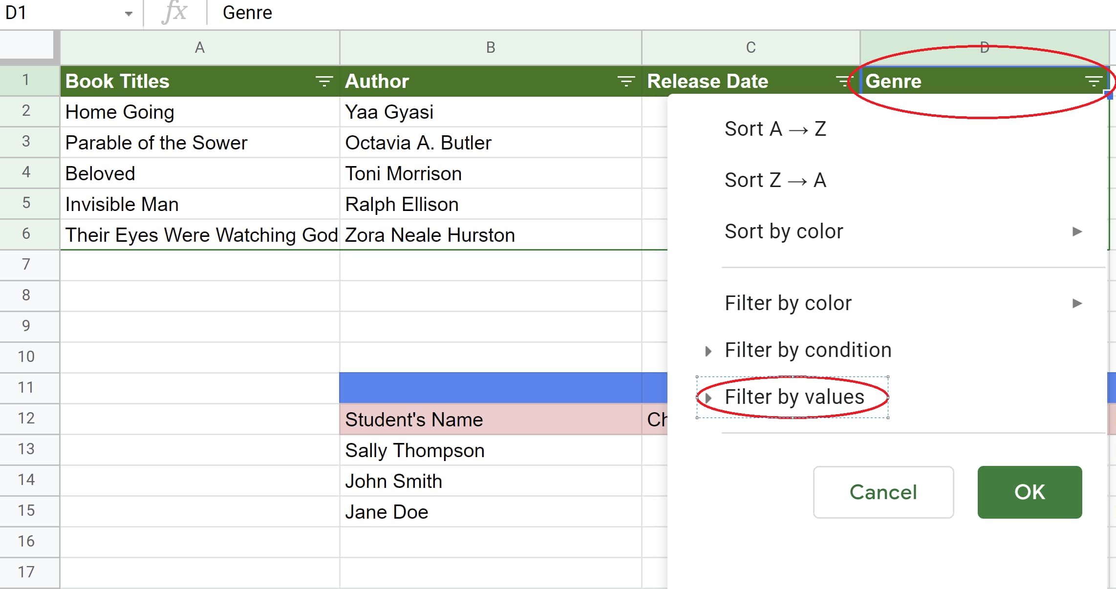 Filter icon in genre column is opened and Filter by values tab is selected in Google Sheets
