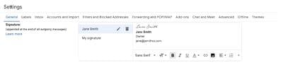 Captura de tela das configurações de assinatura de e-mail do Gmail.