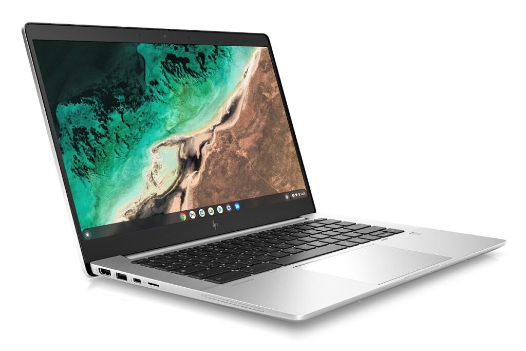 HP Elite c645 G2 Chromebook seen at a left-side angle from the front