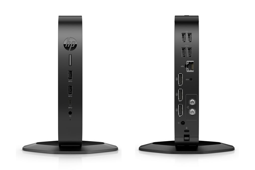 Front and rear views of the HP Elite t655 Thin Client with stand
