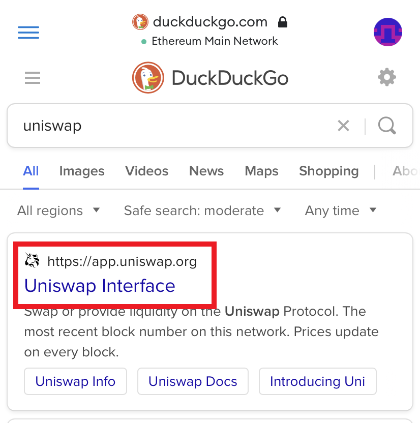 Uniswap Interface link highlighted in search results. 