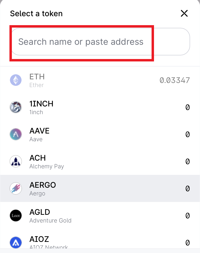 Search bar for tokens highlighted. 