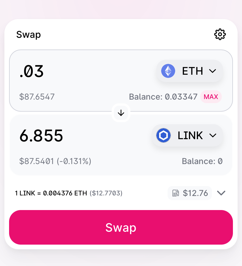 Interface of Swap between ETH and LINK. 