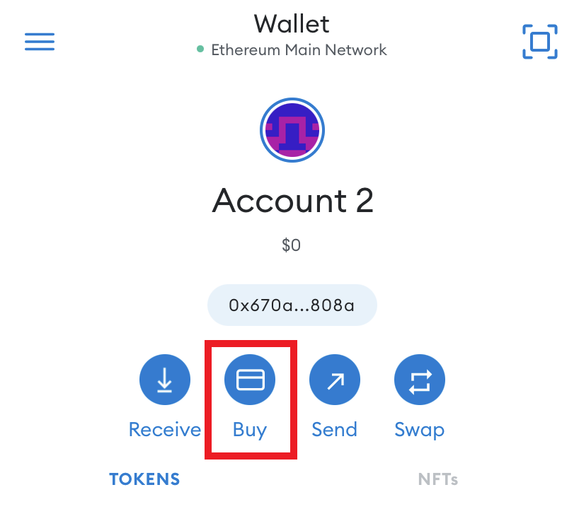 Buy button highlighted on MetaMask wallet interface. 