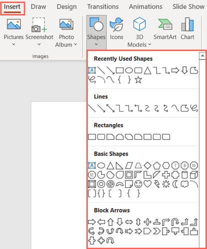Insert, Shape options in PowerPoint