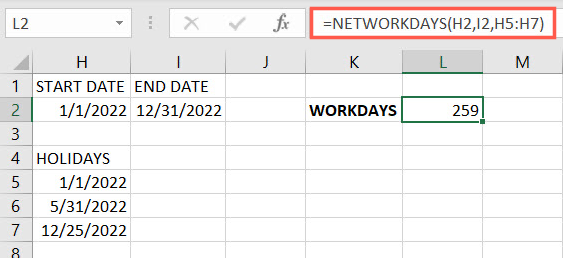 NETWORKDAYS function with holidays