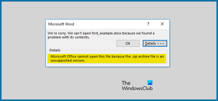 O Microsoft Office não pode abrir este arquivo porque o arquivo .zip é uma versão sem suporte