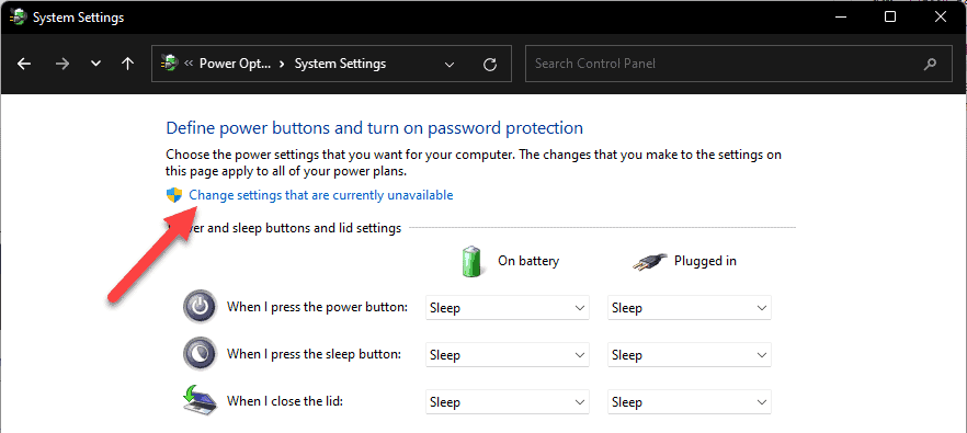 Windows 11 Power Options - Change settings that are currently unavailable