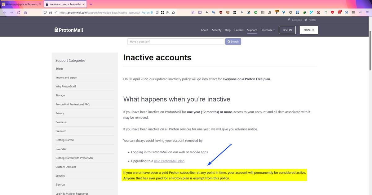ProtonMail will not delete user accounts for inactivity if the user had paid for a subscription