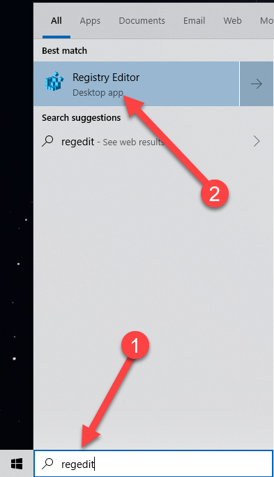 Start Menu Search with arrows pointing to regedit search and registry editor result.