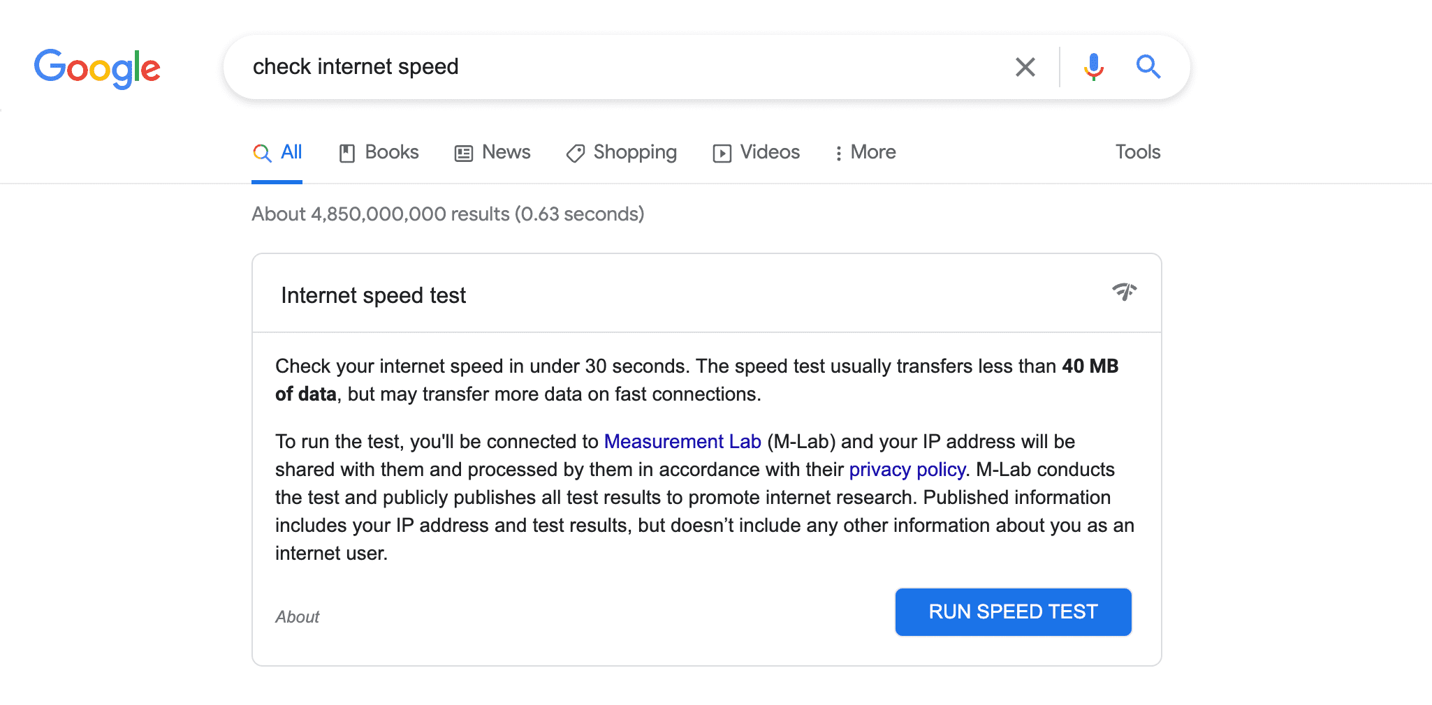Run speed test on Google
