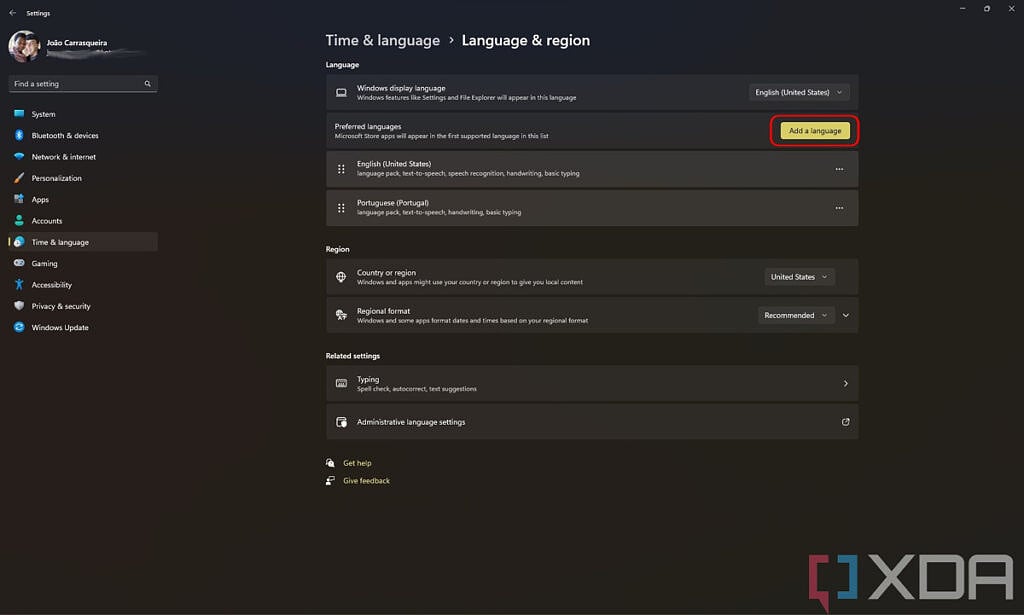 Language and region page in Windows 11 settings with a highlight on the Add a language button