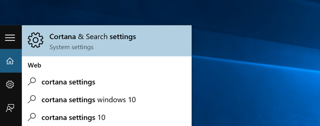 Cortana & Search settings option in Windows 10's Start menu