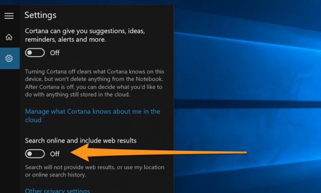 The option to disable web search results in the original version of Windows 10
