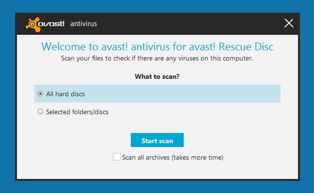 Avast Rescue Disc scan settings.