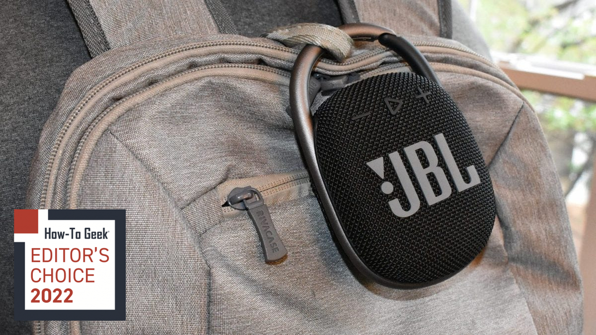 JBL Clip 4 hanging off of a backpack