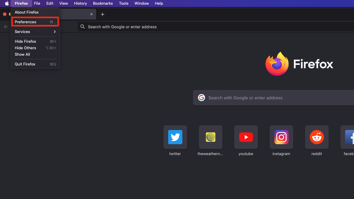 The application menu for Firefox for desktop, with the preferences button highlighted.