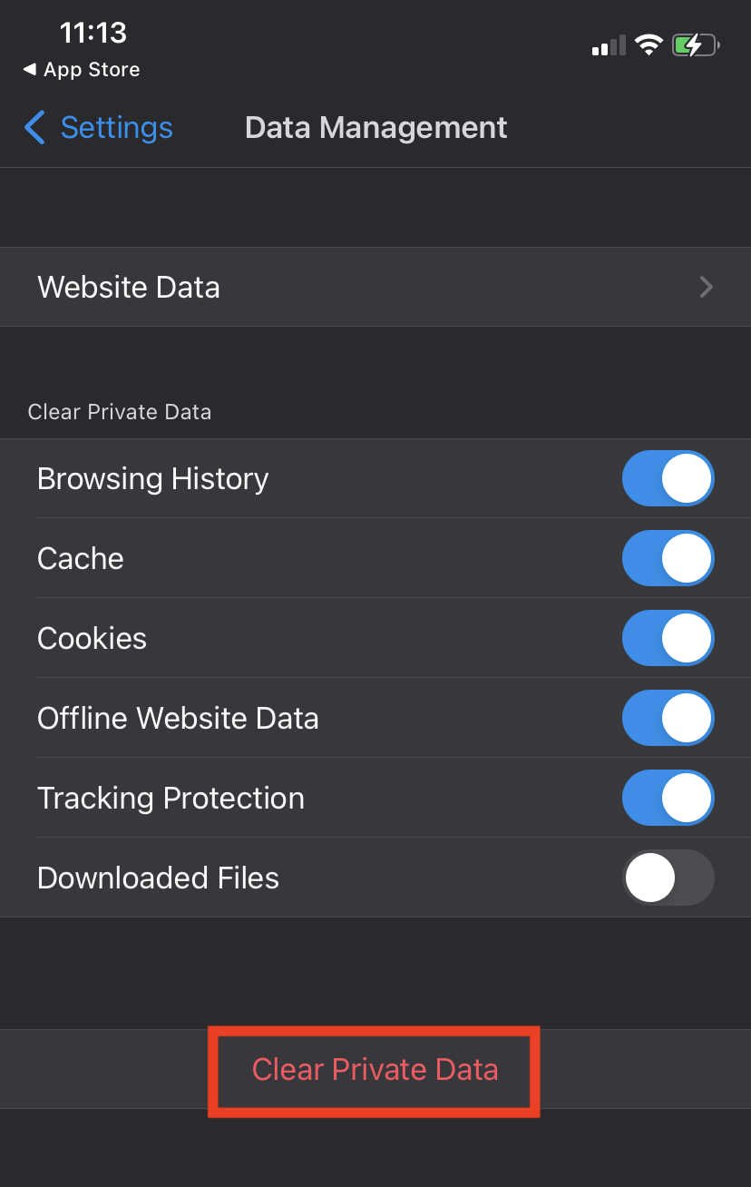 The Data Management page of Firefox for iOS settings, with the clear private data button highlighted.