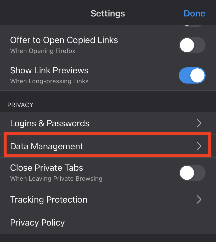 The privacy section of the settings menu in Firefox for iOS, with the data management button highlighted.