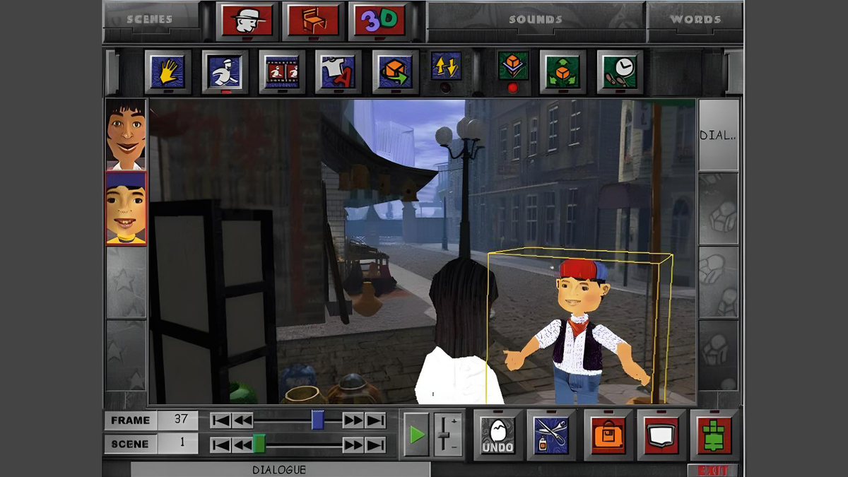 Microsoft's 3D Movie Maker software in use building a frame-by-frame animation with two characters.