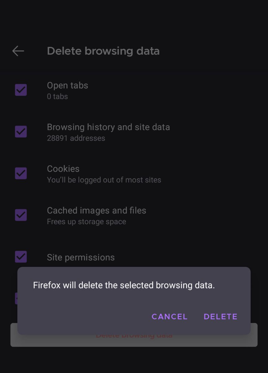The Clear browsing data section of Firefox for Android, with a pop-up warning Firefox will delete browsing data.